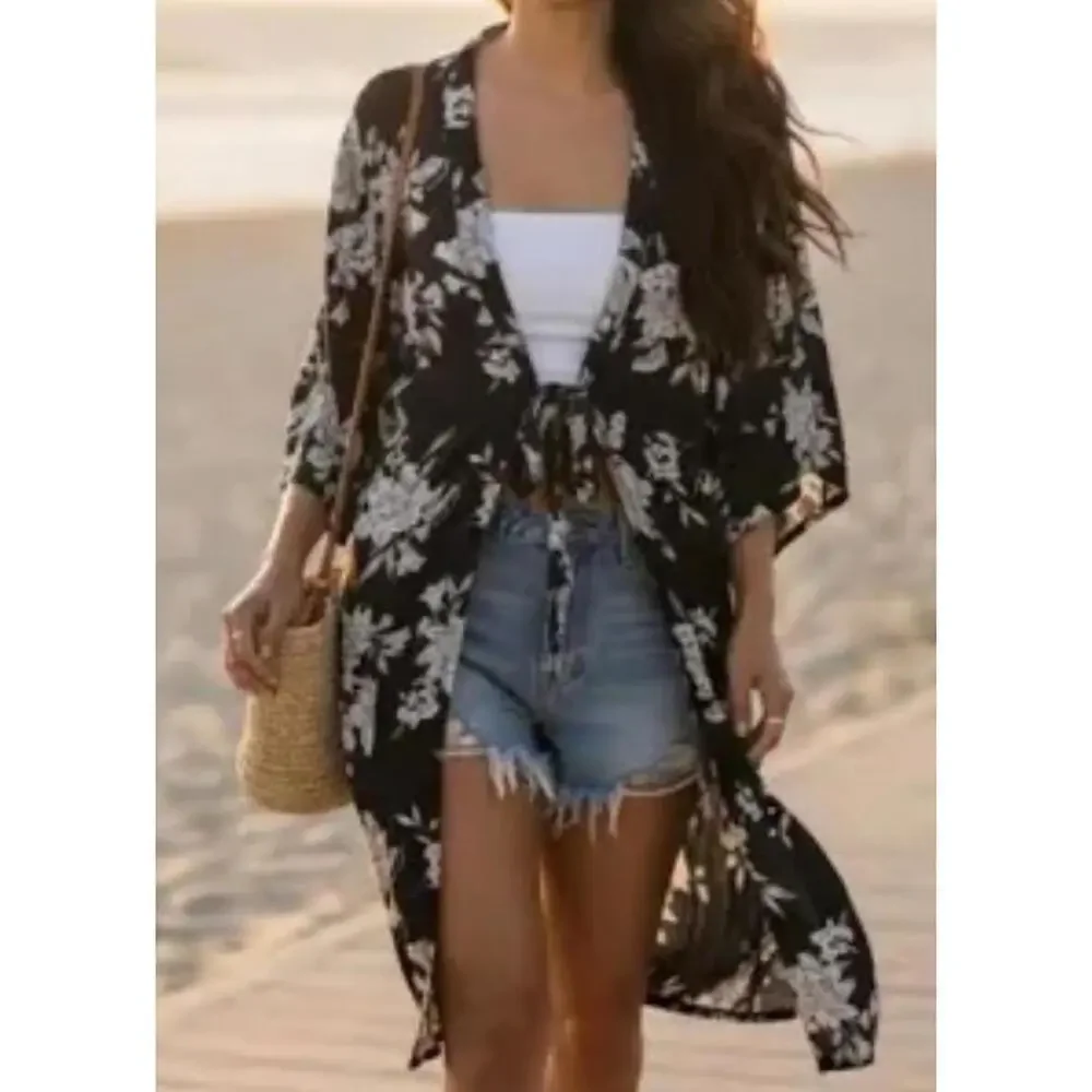 Spiritual‎ Gangster Maya Kimono Black Floral Tie Front One Size 100% Rayon Robe